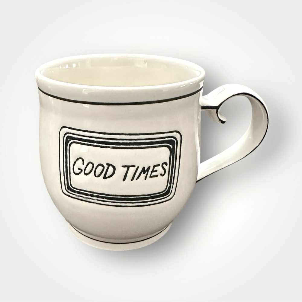 Molly Hatch Anthropologie Cream Black “Good Times” Mug Hand Painted Excellent